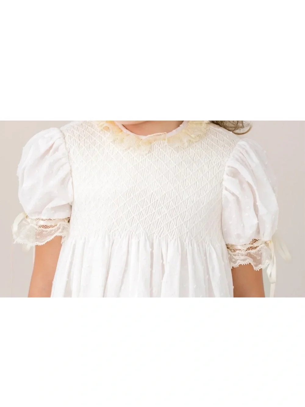 Lullaby Set White Smocked Baby Romper with Cream Lace